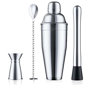 24oz Cocktail Shaker Set – Martini Shaker w Built-in Drink Shaker Strainer, Muddler, Jigger, Mixing Spoon, Recipe Book for Bartending – Bar Shaker/Alcohol Shaker