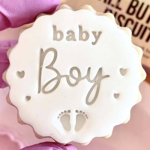 Baby Shower Fondant Stamp Embosser Biscuits Cookies fits m&s Biscuits Baby boy Baby feet Girl or boy Birth announcment Gender Reveal Party Decoration Marks and Spencers Free Matching Cutter Baby BOY