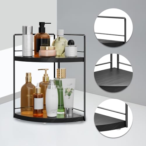Image of 2 Pack Bathroom Counter Organizer,2 Tier Corner Bathroom Counter Organizer,Black Wooden Vanity Organizer for Bathroom Organizers and Skincare Cosmetics Dresser Storage