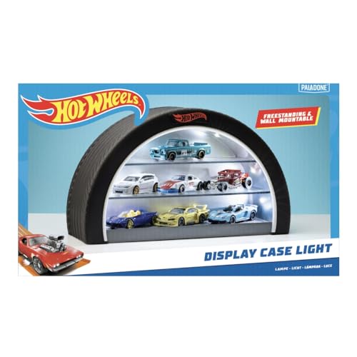 Hot Wheels Vitrine Light – Offiziell lizenziertes Mattel Merchandise, beleuchteter Koffer für 8 Autos, Radförmige Wand Moutable oder freistehend, Geschenk für Sammler