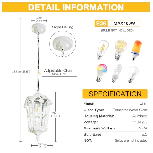 Outdoor Pendant Light for Porch Patio Garden Yard, Anti-Rust Aluminium Exterior Hanging Light Fixtures, Outside White Vintage Hanging Ceiling Light, Height Adjustable Outdoor Pendant Lamp