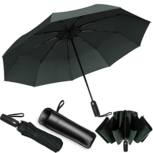 Bigmeda Paraguas Plegable Automático Impermeable Paraguas con 9 Armazones de Metal Paraguas Fácil de Transportar y Asa Antideslizante Viaje para Mujer y Hombre Paraguas (Gris)