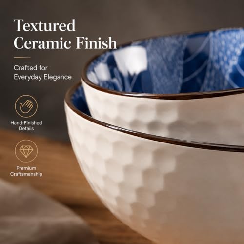 Image of Japanese Ceramic Bowl Set of 4 | 300ML Hand Painted Soup Rice Snack Bowls, Glossy Blue Floral Patterns, Textured White Exterior | Microwave & Dishwasher Safe Gift Set (Blue Ember)