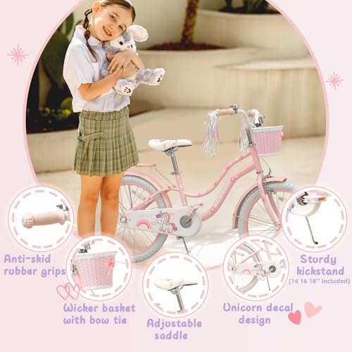 Image of Bixike Princess Style Girls Bike with Basket for 2-13 Years Old Kids and Toddlers, 12 14 16 18 Inch Bicycle for Children with Training Wheels and Streamers, 20 Inch with Kickstand, Multiple Colors