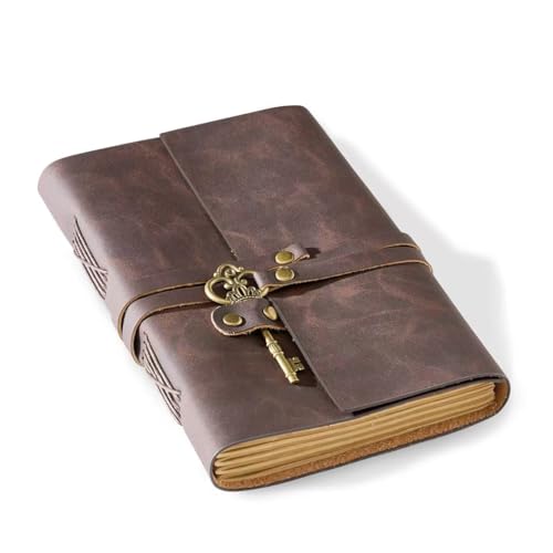 Cleather Leather Journal 5"x 7" Genuine Leather Notebook Journal with Key for Men Women - 200 Line Pages Vintage Handmade Leather Bound Journal for Diary Travelling (Vintage Brown)