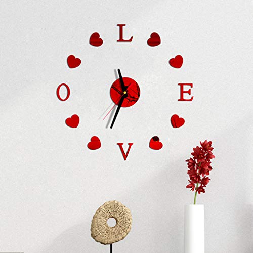 BESSKY DIY Wall Clock Mute 3D Mirror Creative Surface Sticker Home Office Decor Self-Adhesive Clock Decal Red