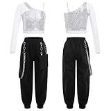 Riismen Kinder Mädchen EIN Schulter Croptop Mit Cargohosen Hiphopjazztanzkostümset Skateboardkleidung Silber 134-140