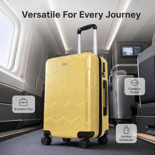 Valise à roulettes de 20 pouces, bagage rigide extensible avec serrure TSA et roues silencieuses amovibles, sac de voyage léger en PC pour les vacances en plein air, jaune vif – Image 3
