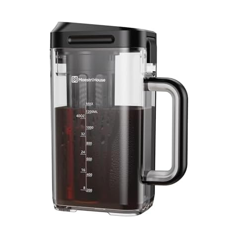 Maestri House Compact Cold Brew Coffee Maker, 41oz Iced Tea and Coffee Maker Brewer Space Saving Tritan Pitcher, 350 Mesh Filter, 100% Leak-Proof Cover