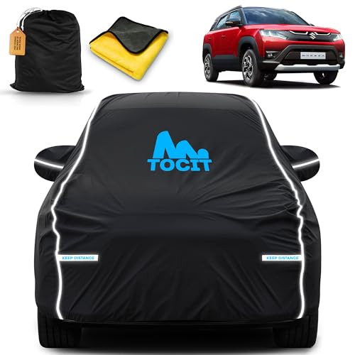 Image of Tocit Maruti Brezza Waterproof Long Life Car Cover with Safety Glow Reflective Strap, Premium Velvet Velour Fabric, Soft & Stretchable, Machine Washable, Tri-Stitch Custom Fit with Mirror Pocket