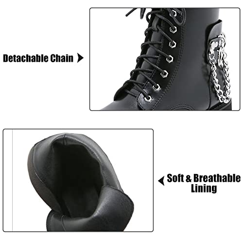 Mikarka XBZ1425-BLACK-36 Women'S Chain Platform Boots Lace Up & Zipper Chunky Heel Black Combat Ankle Booties Fashion Studded Motorcycle Boots thumb #2