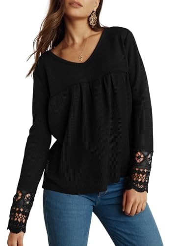 Dokotoo Women's Tops Casual V Neck Long Sleeve Waffle Knit Textured Lace Hollow Out Shirts Loose Tunic Tops Blouses3