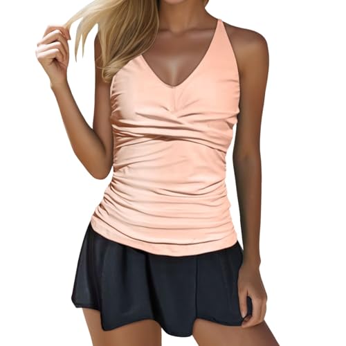 Bikini para mujer, traje de baño de dos piezas, con cuello en V, tankini y falda de natación sexy, traje de baño elegante, traje de baño, Rosa claro., XL