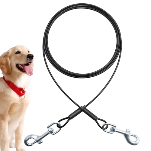 VOSSOT Guinzaglio per Cani 3m, Guinzaglio Resistente ai Morsi in Acciaio, Catena per Cani Piccoli, Guinzaglio da e Campeggio Anti Attorcigliamento per Passeggiate,Giardino,Campeggio (Nero, 3m)