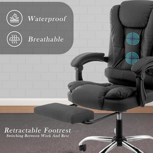 Image of Casa Copenhagen Italia Leatherette Office Chair for Work | Boss Chair, Ergonomic Executive, Luxurious Cushioned Arms & Seat, 2 Point Back Massager, Adjustable Leg Rest, Heavy Duty Metal Base (Black)