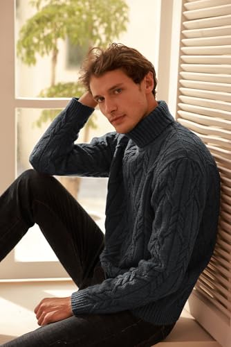 GRACE KARIN Mens Mock Turtleneck Sweater Cable Twisted Pattern Loose Fit Long Sleeve Pullover Sweaters Dark Gray L2