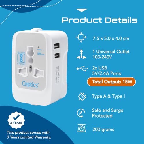 Ceptics Universal Japan Travel Adapter, 3 in 1 PINE-WHITE - Image 5