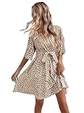 SheIn Damen Wrap Freizeitkleid V Ausschnitt Sommerkleid A-Linie Kleid Casual Skaterkleid mit Gürtel Braun-Weiß XS