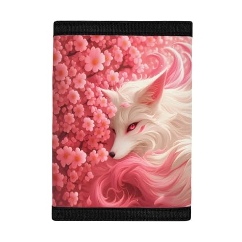 Kids Stylish Prints Trifold Wallet Teens Boys Girls Coin Case Lightweight Card Holder Moneybag Organizer,Pink Cherry Blossom and Fox