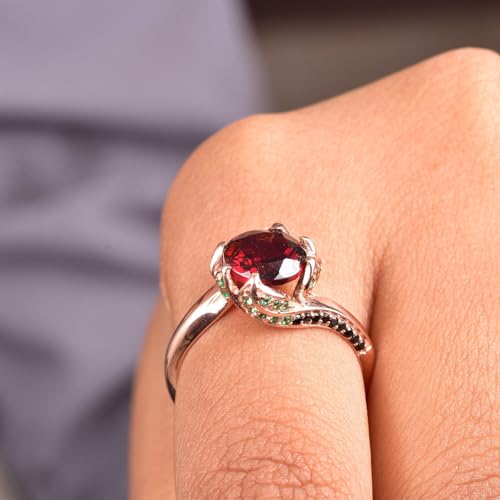 Gothic Red Garnet and Emerald Accent Ring – 14K Rose Gold Black Diamond Claw Engagement or Statement Ring – Unique Dragon-Inspired Fantasy Jewelry for Women3