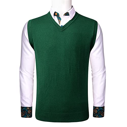 Barry.wang Mens Knitted Sweater Vest V-Neck Dark Green Sleeveless Slim Fit Pullover Sweater Waistcoat #TOP3
