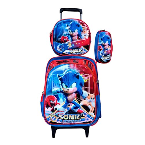 Kit Mochila Sonic 2 em 3D Alto Relevo com Rodinhas + Lancheira Térmica + Estojo Escolar Infantil
