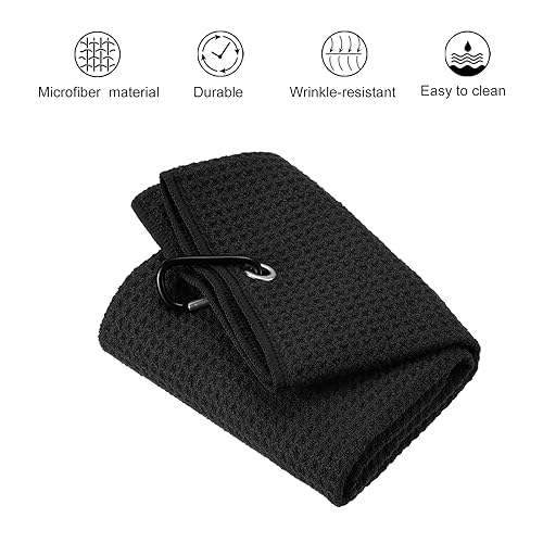 PATIKIL 24"x16" Tri-Fold Golf Towels, 3 Pack Waffle Pattern Towels Soft Fiber Strong Water Absorption with D Clip for Golf Lovers Black - Image 3