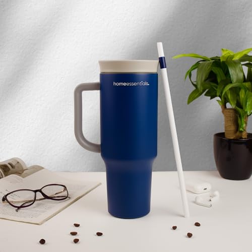 Image of HomeEssentials Stainless Steel Tumbler with Lid & Straw - Vacuum Insulated, Spill-Resistant - Keeps Drinks Hot or Cold for 12 Hours - Ideal for Office, Gym & Travel (Blue, 1200ml)