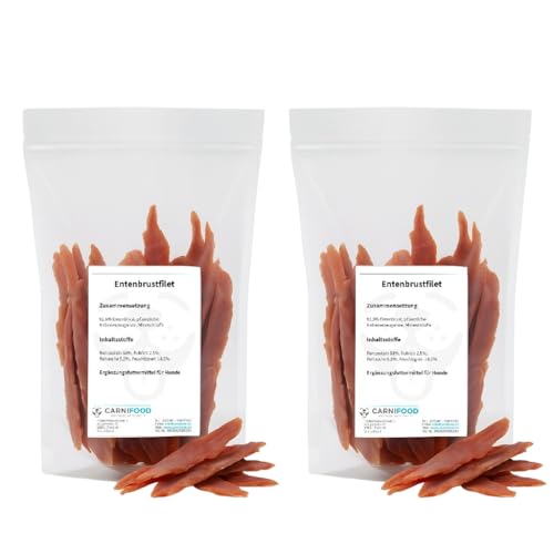 Carnifood® 1 kg Entenbrustfilet | getreidefrei | fettarm | 2x500g Leckerli im Wiederverschließbarem Beutel | Entenfleisch Snack
