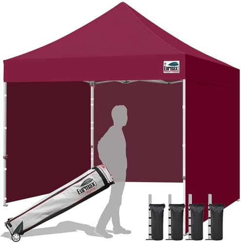 Image of Eurmax USA 10x10 Pop Up Canopy Tent,Commercial Tent with Patented No-Tip Rolling Bag,4 Zippered Removable Walls,UV & Water Resistant Canopy Top,Heavy Duty Outdoor Gazebo,Instant Shelter(Burgundy)