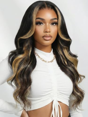 Image of KLAIYI Ombre Highlight Blonde Loose Body Wave Bye Bye Knots Glueless Wigs Human Hair 7x5 Precut Lace Front Pre Plucked Bleached Ready to Wear Go Wig with Face Framing Curtain Bang Caramel Brown 24Inch