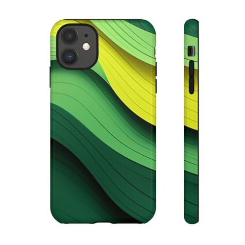 Coque rigide brillante pour iPhone 11 aux vagues vert et jaune intenses