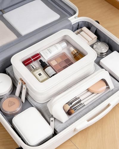 Image of LETGO 2 PCS Clear Makeup Bags Set,Waterproof PU Leather Travel Cosmetic Bags, Transparent Toiletry Bag Organizer with Zipper, Portable Makeup Brush Case Pouch for Women Girls Travel Daily Use (White)