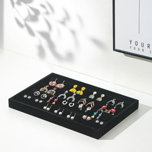 Image of Coward 2PC Black Velvet Stackable Earring Tray Drawer Jewelry Holder Organizer Box Storage Earring Display Stand for Home Drawer or Store Selling (earring+earring)
