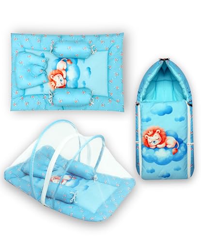 Image of NEW COMERS Baby Bedding Set, 6 Pieces, Cotton, with Pillow, Bolster, Mosquito Net, Playmat, 85 x 52 x 6 cm (Sea Blue)
