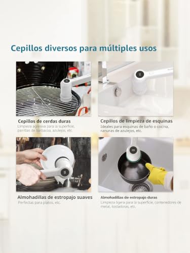 Miniatura 6 de Tilswall M4 Cepillo Limpieza Eléctrico, Cepillo Turbo Limpieza Con Cabezales Reemplazables, 2 Velocidades De Rotación Y 5 Cabezales Intercambiables, Con Pantalla Led Para Baño, Cocina, Azulejo