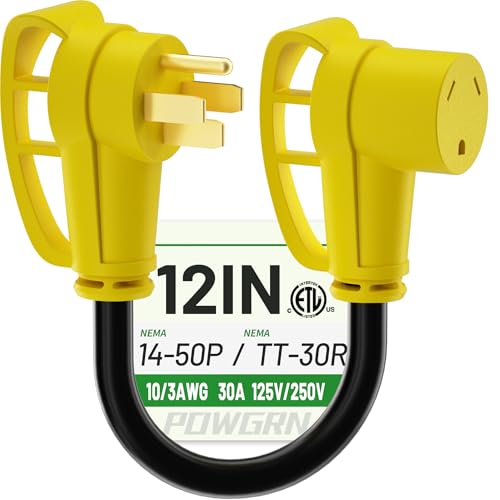 POWGRN 50 Amp to 30 Amp RV Adapter 12 inch, Heavy Duty Extension Cord 10/3 Gauge RV Electrical Adapter, NEMA 14-50P Male to NEMA TT-30R Female, STW 30AWG 30A 125V 3750W, Black-Yellow, ETL Listed