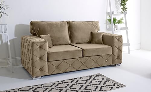 Image of Sofahub Milton Plush Velvet Living Room Sofa Set - Button Tufted Design, Foam Seats & Chrome Feet | 2 Seater, 3 Seater, 3+2 & Corner Sofa Options - Fullback Sofa (Mink, 3 Seater)