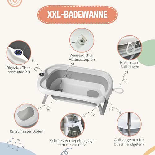 Faltbare Babywanne mit Gestell – XXL Baby Badewanne mit Ständer, Thermometer 2.0, Badesitz & Ablaufsystem – Perfekt für die Dusche – Ab Geburt bis 3 Jahre – Ideal als Baby Geschenk