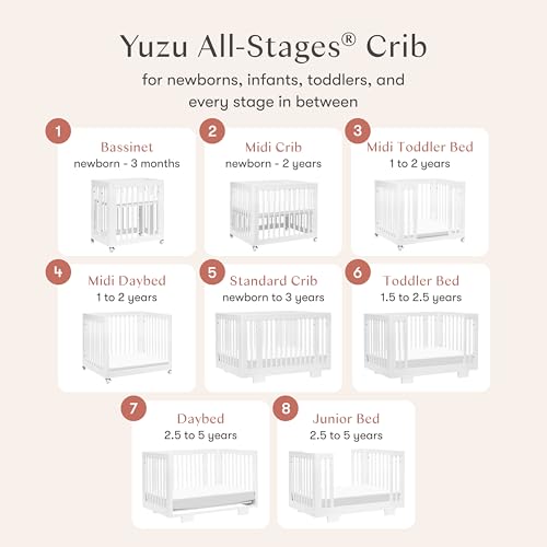 Image of Babyletto Yuzu Convertible All-Stages Bassinet, Midi, Full-Size Crib in White, Greenguard Gold Certified, Portable & Adjustable with Conversion Kits and Pads Included