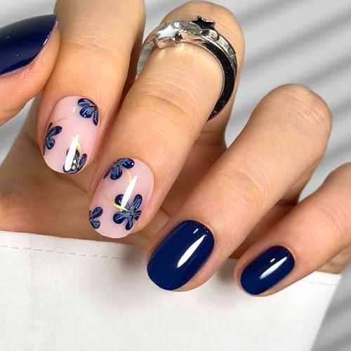 Image of CurvLife Soft Gel Press On Nails Extra Short Square, Long-Lasting Reusable Oval Fake Nails Kit with Glue & Tabs, 30pcs Salon-Quality Stick On Nails for Women At-Home Manicure (Navy Petal)