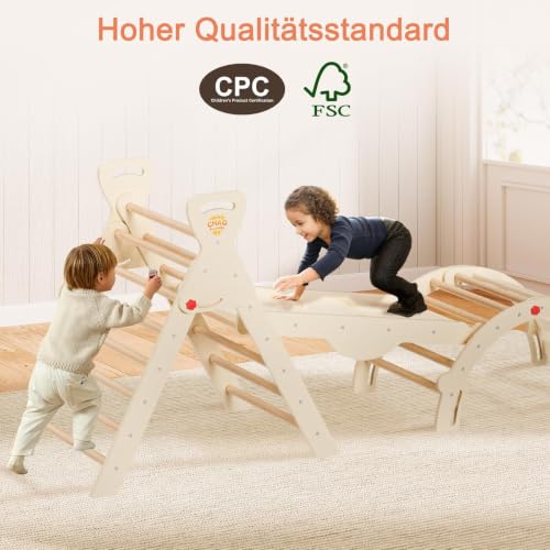 Foto von CHAO KWORLDS Pikler Dreieck 8-in-1 klappbar, Montessori Klettergerüst Indoor aus Holz mit Rutsche, Kletterbogen und Rampe für Kinder 2–6 Jahre stabil und platzsparend Holzfarben
