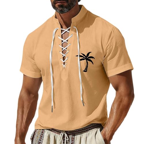 Camisa de hombre de manga corta con cordones, cuello en V, camisa de verano, camisa de playa, camisa de ocio, camisa de palmeras, camisa pirata medieval, informal, camiseta de vacaciones, transpirable