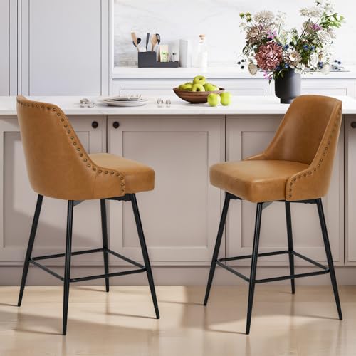Image of MALOL Bar Stools Set of 2, 26 inch Swivel Counter Height Chairs with Back,Thick Padded Seat & Footrest,Modern Faux Leather Barstool for Kitchen Island,Dining Room,Pub,Brown