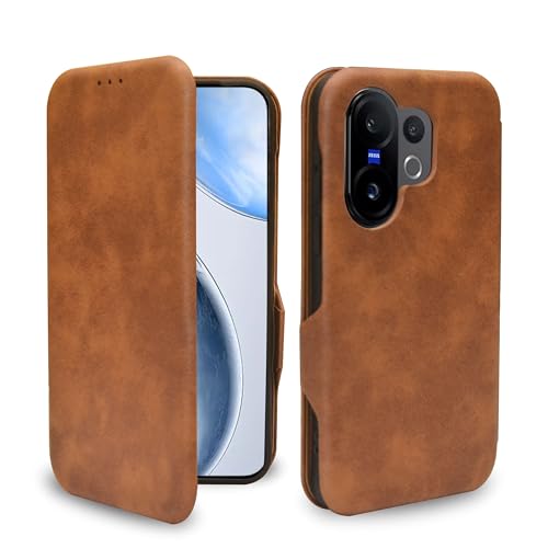Image of Premium Vegan Leather Phone Cover with Card Slot - Slim, Durable, Privacy Protection, Kickstand Function, Elegant Flip Wallet Cases Compatible for Vivo X200 FE 5G (Brown)