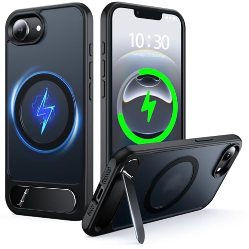 Coque chargement sans fil iPhone 17e avec béquille et silicone souple mat antichoc noir