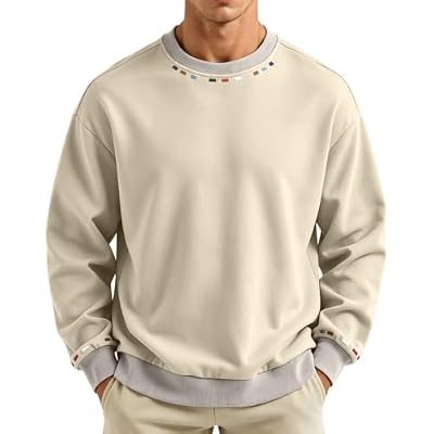 Men's Contrast Trim Crewneck Sweatshirt Long Sleeve Loose Fit Soft Shirts Comfy Fall Winter Fashion Pullover Tops Khaki
