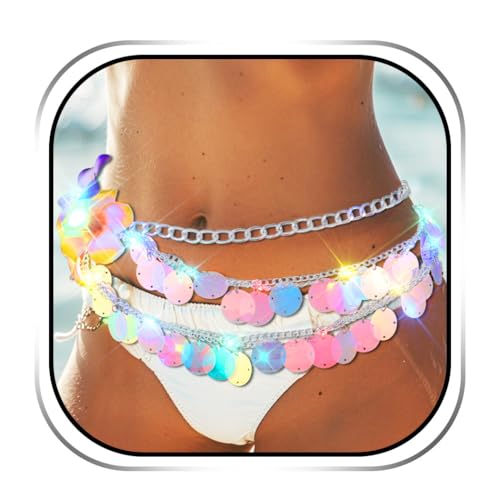 Ya en mundofriki.es: Handcess Cadena para el vientre iluminada de color plateado con luces LED para bikini, cadenas de cintura para el vientre con purpurina, joyería para mujeres y niñas, talla única, Plástico, No es una