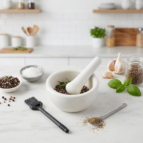 Small Ceramic Mortar and Pestle Set, 2.5 Inch Porcelain Pill Crusher & Spice Grinder, Mini Tablet Pulverizer Bowl for Vitamins, Garlic, Spices - Includes Cleaning Brush & Spoon (White)