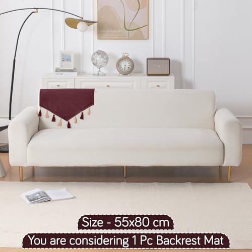 Image of HOKIPO Premium Holland Velvet Sofa Backrest Cover with Tassels - 'TasselTone Series', Wine Red (IN-1103-MRN)